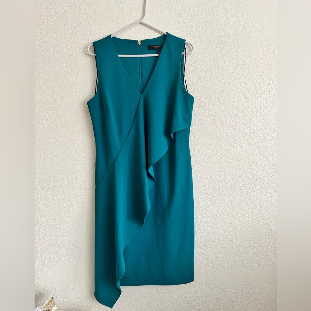 Donna Karan Teal V-Neck Ruffle Midi Dress
